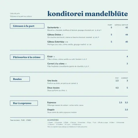 Konditorei corail – aperçu du modèle de menu