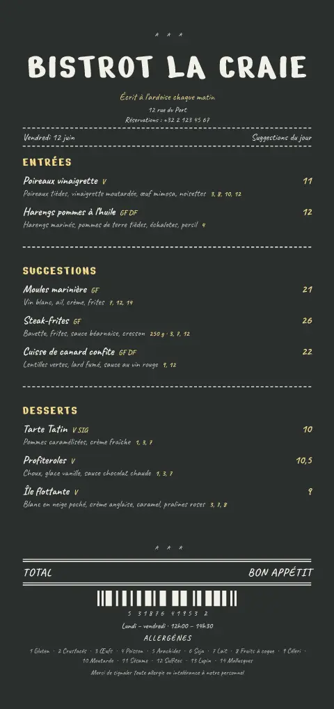 Ticket à la craie – aperçu du modèle de menu