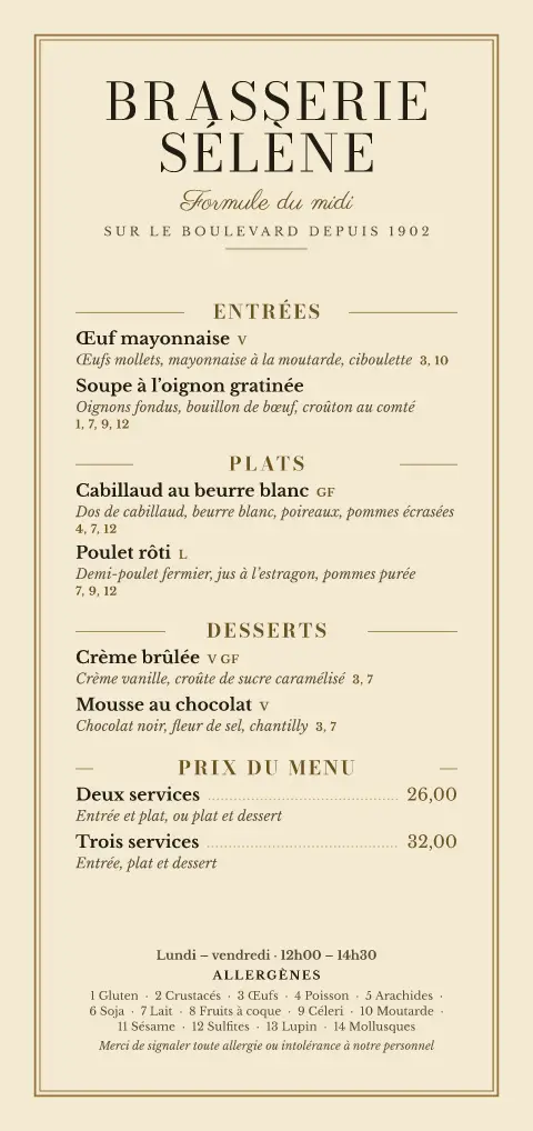 Champagne midi – aperçu du modèle de menu