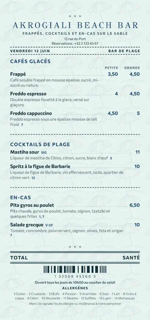 Ticket transat – aperçu du modèle de menu