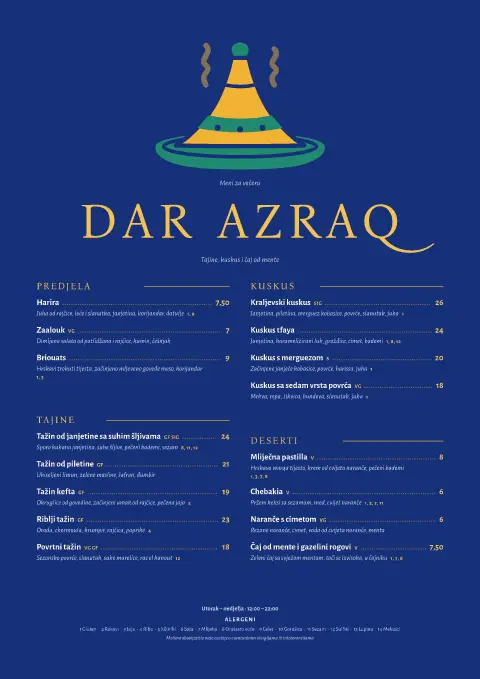 Kobaltni tagine – pregled predloška jelovnika
