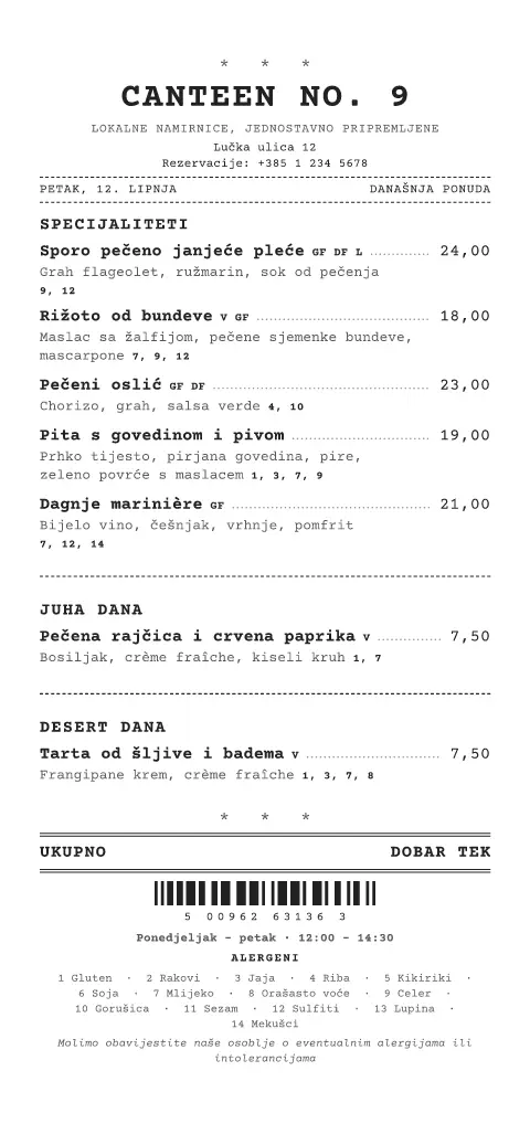 Blagajnička rola – pregled predloška jelovnika