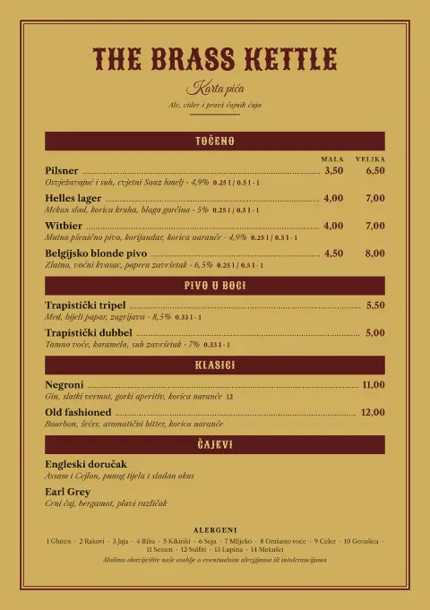 Pozlaćena pivnica – pregled predloška jelovnika