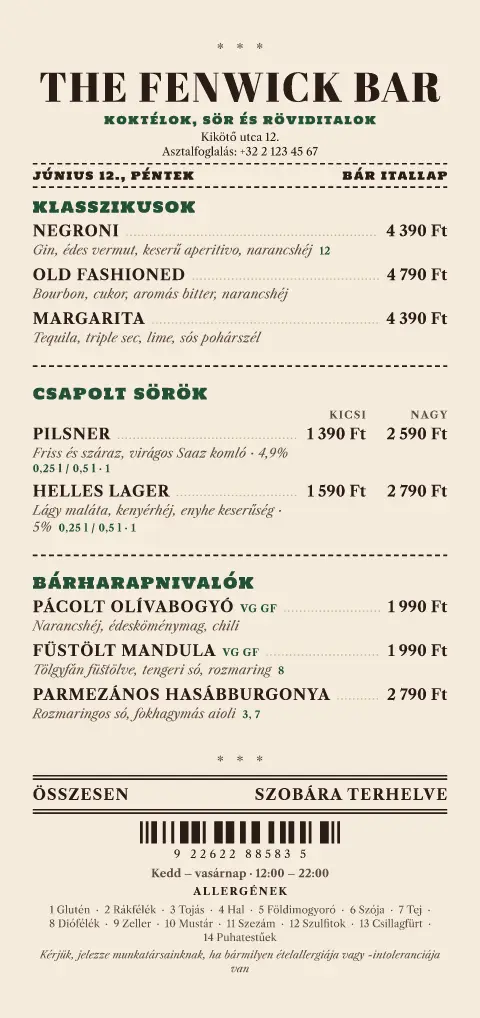Room Charge – étlapsablon előnézete