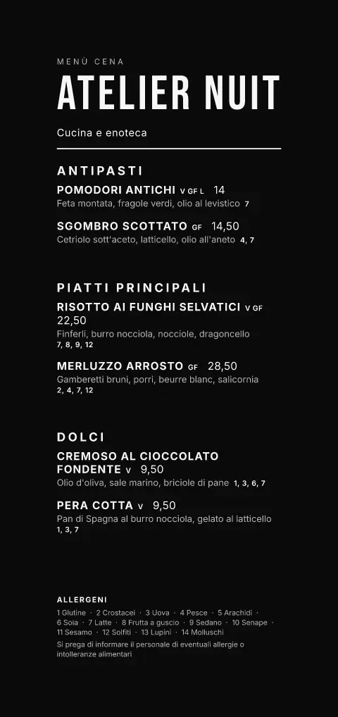 Colonna Noir – anteprima del modello di menù