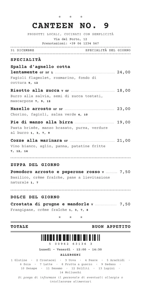 Rotolo di cassa – anteprima del modello di menù