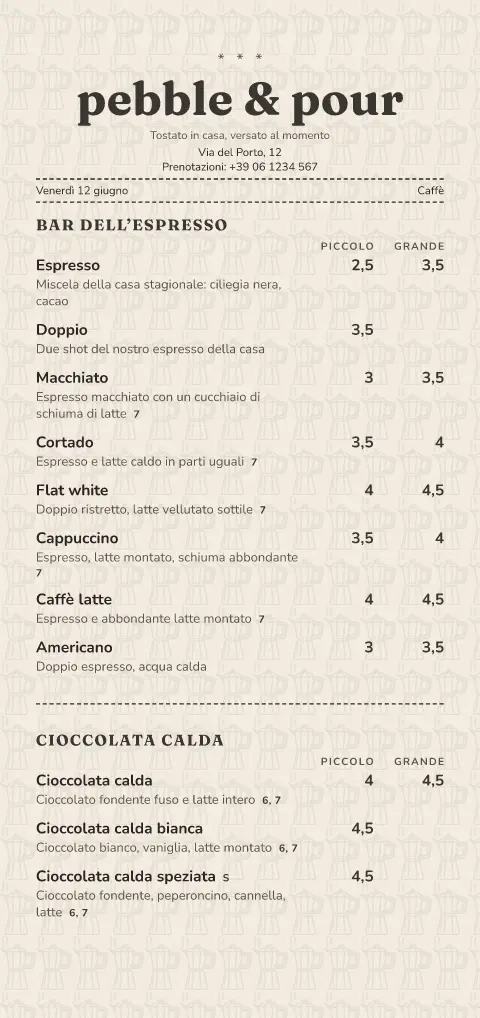 Scontrino moka – anteprima del modello di menù