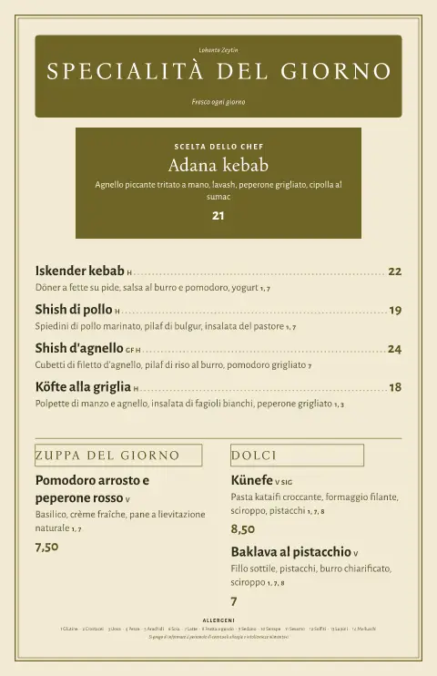 Lokanta degli ulivi – anteprima del modello di menù