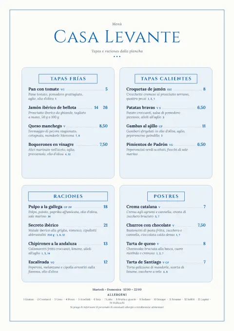 Plancha blu – anteprima del modello di menù