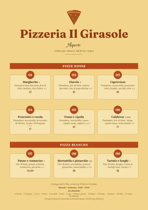 Tombola di pizze – anteprima del modello di menù
