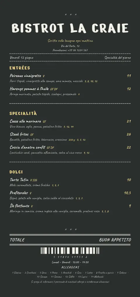 Conto di gesso – anteprima del modello di menù