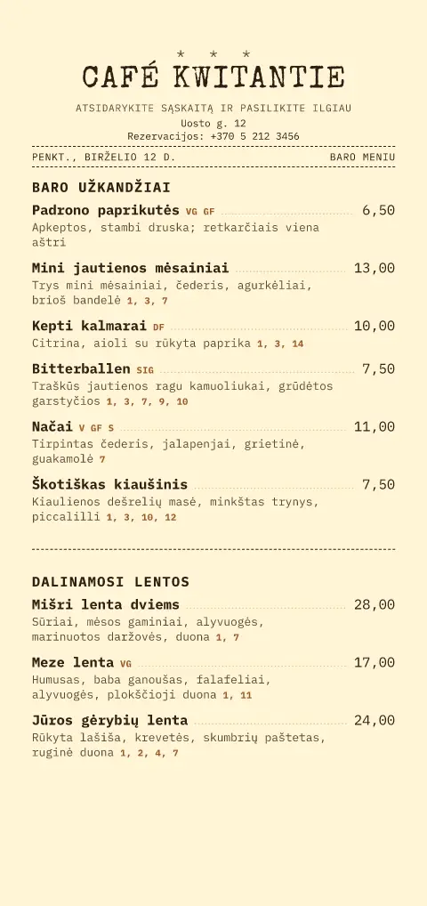 Sviestinė sąskaita – meniu šablono peržiūra