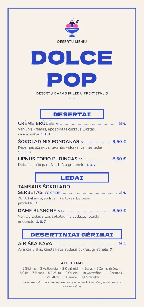 Ledų pop – meniu šablono peržiūra
