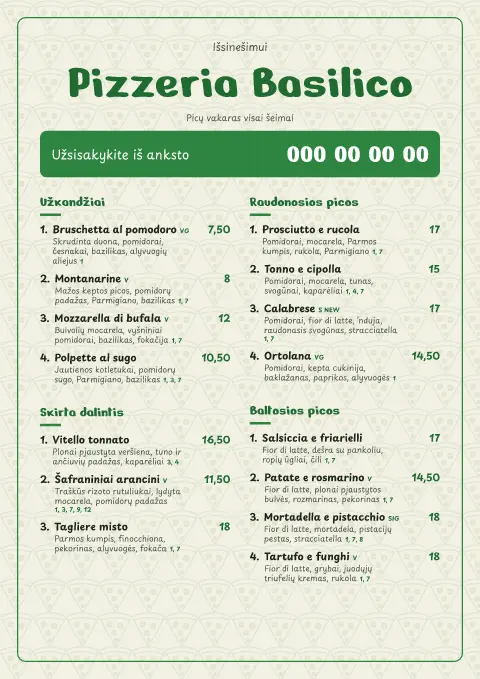 Baziliko keverzonės – meniu šablono peržiūra