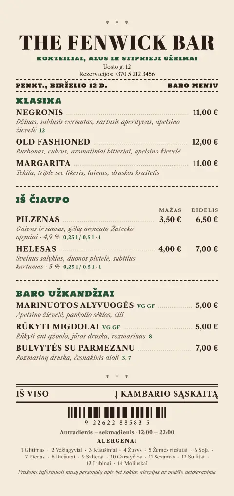 Į kambario sąskaitą – meniu šablono peržiūra