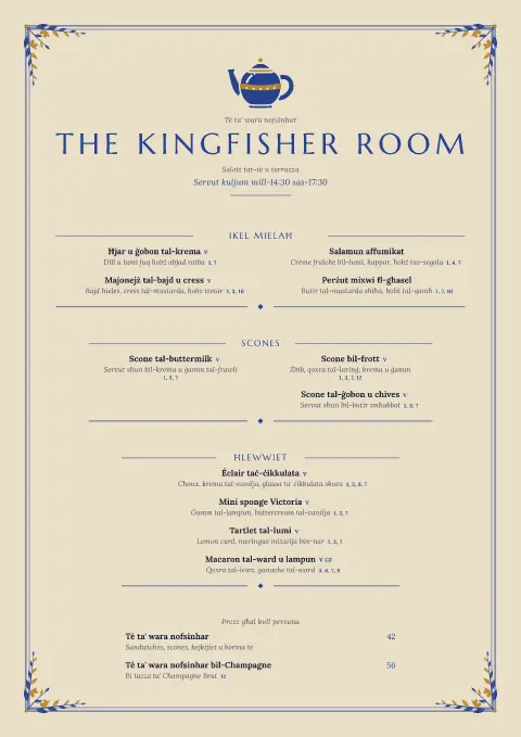 Kingfisher Pavilion – preview tal-mudell ta' menu