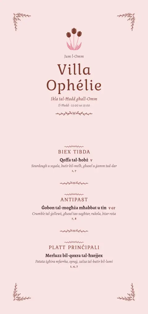 Iris Sunday – preview tal-mudell ta' menu