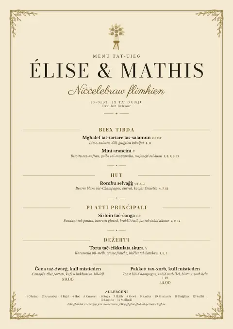 Opaline Salon – preview tal-mudell ta' menu