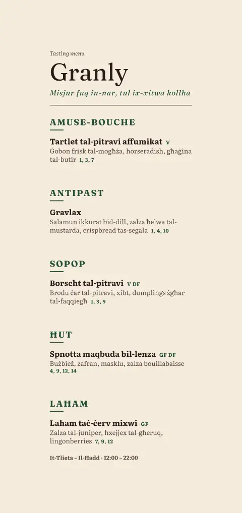 Pine Ember – preview tal-mudell ta' menu
