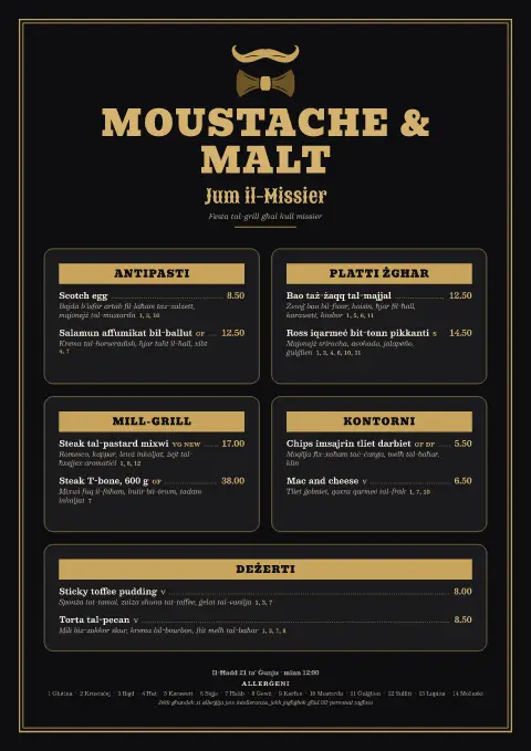 Gilded Moustache – preview tal-mudell ta' menu