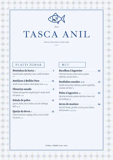 Indigo Tasca – preview tal-mudell ta' menu