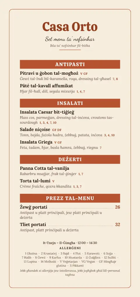 Terracotta Orto – preview tal-mudell ta' menu