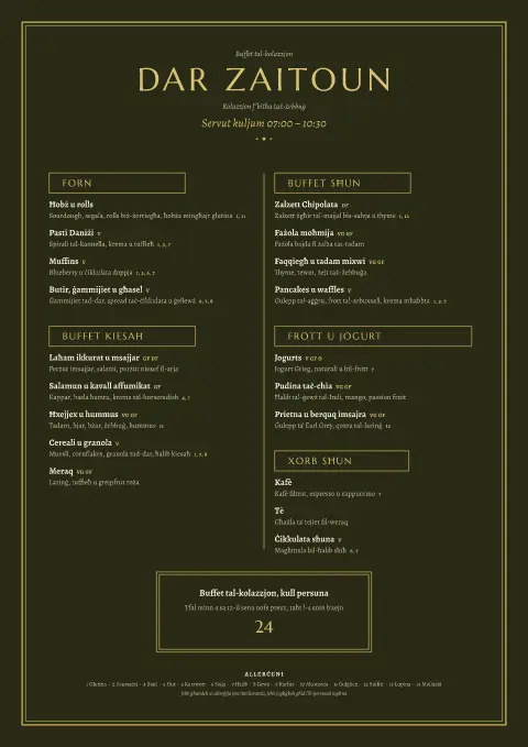 Zaitoun Dawn – preview tal-mudell ta' menu