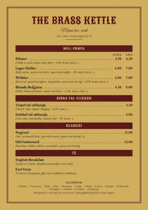 Gilt Taproom – preview tal-mudell ta' menu