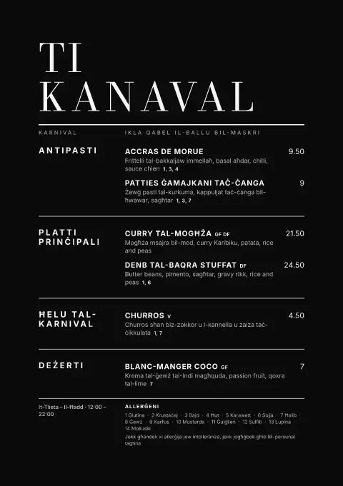 Masque Noir – preview tal-mudell ta' menu