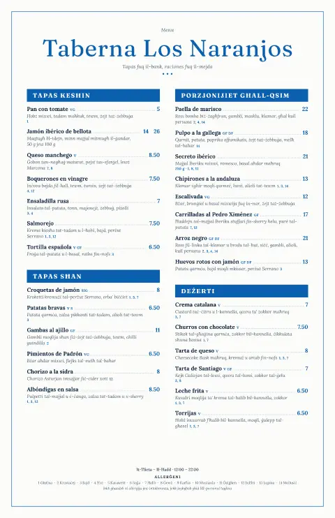 Naranjo Tiles – preview tal-mudell ta' menu