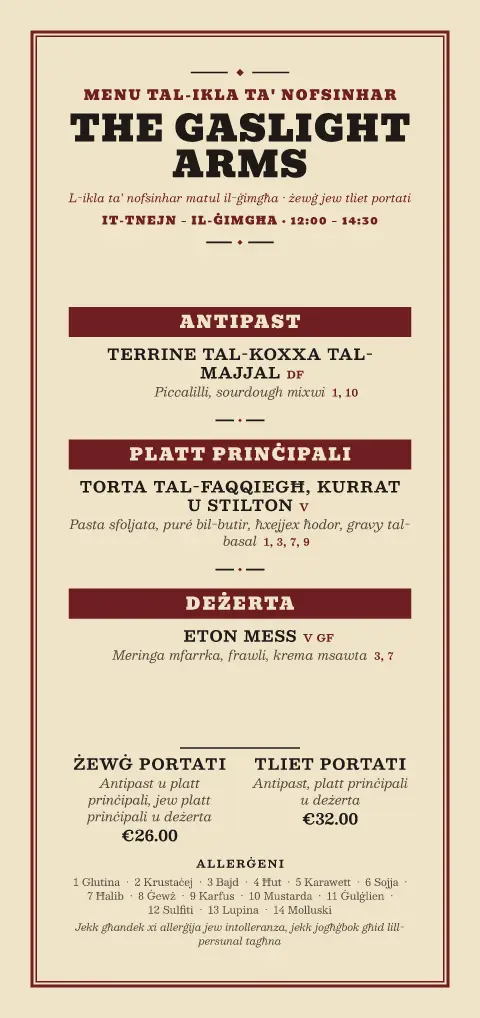 Gaslight Luncheon – preview tal-mudell ta' menu