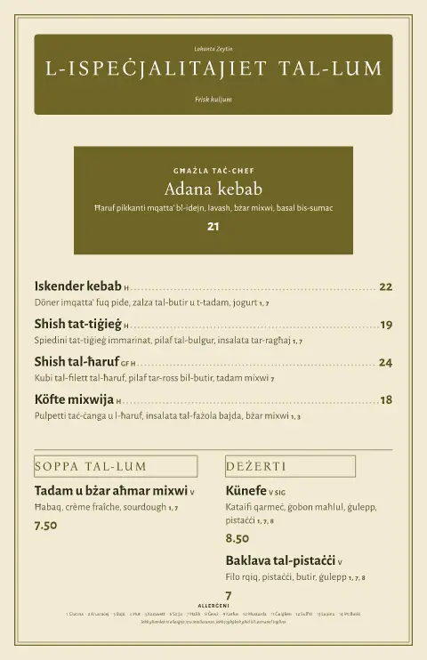 Olive Lokanta – preview tal-mudell ta' menu