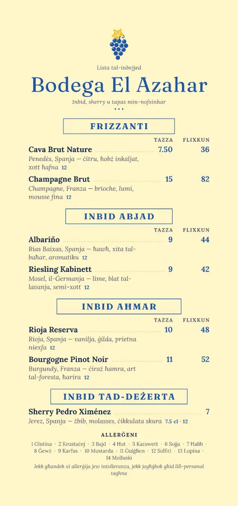 Patio Bodega – preview tal-mudell ta' menu