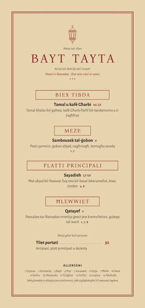 Sumac Hour – preview tal-mudell ta' menu