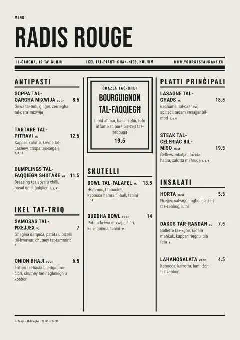 Beet Bulletin – preview tal-mudell ta' menu