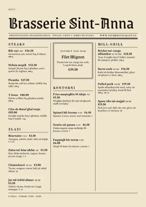 Entrecôte Edition – preview tal-mudell ta' menu