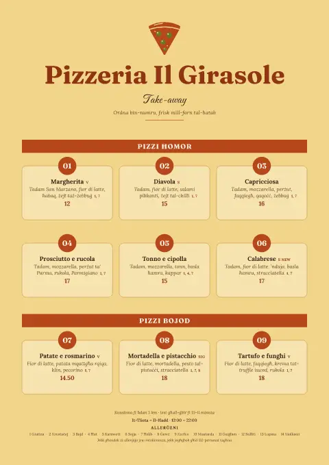 Pizza Tombola – preview tal-mudell ta' menu
