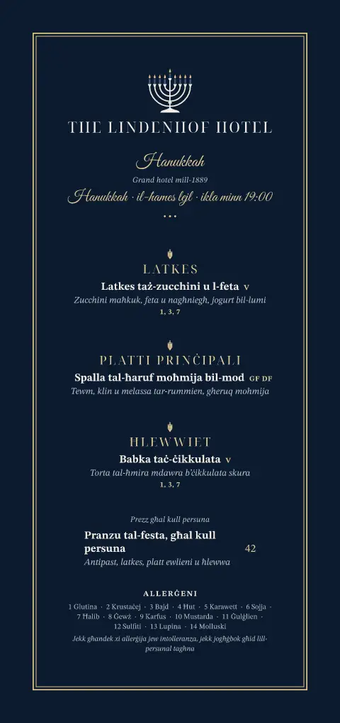 Champagne Menorah – preview tal-mudell ta' menu