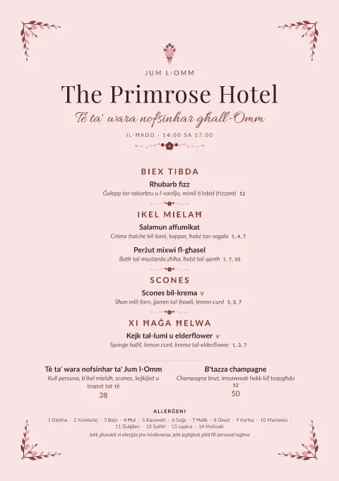Carnation Tea – preview tal-mudell ta' menu