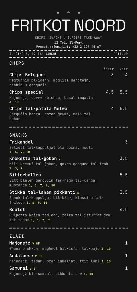 Concrete Frites – preview tal-mudell ta' menu