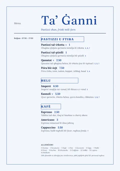 Tile Pastizzi – preview tal-mudell ta' menu