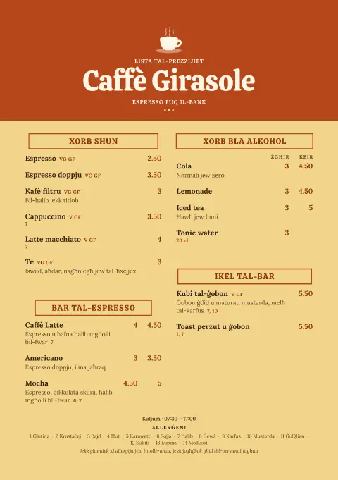Harvest Espresso – preview tal-mudell ta' menu