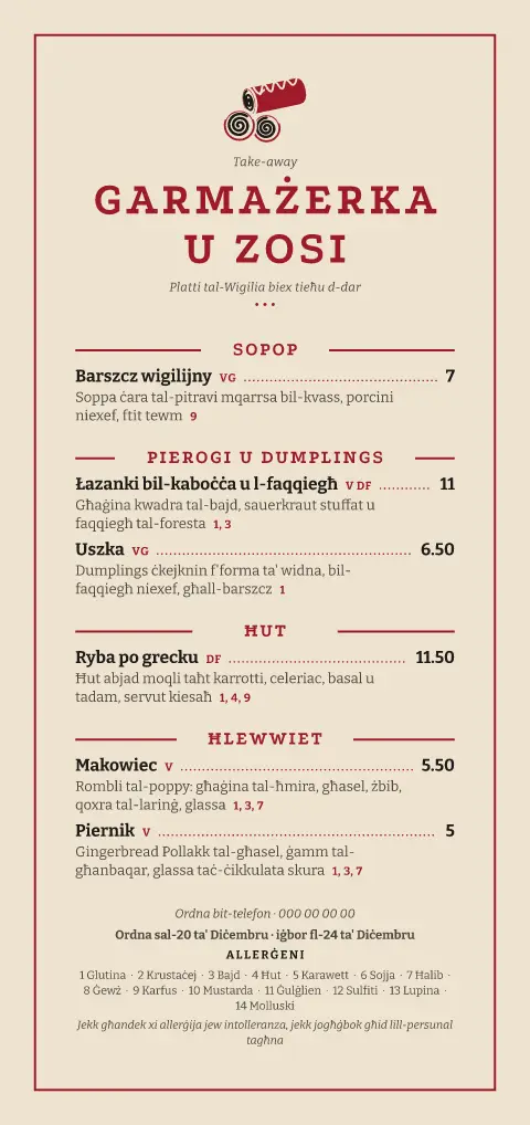 Wigilia Parcel – preview tal-mudell ta' menu
