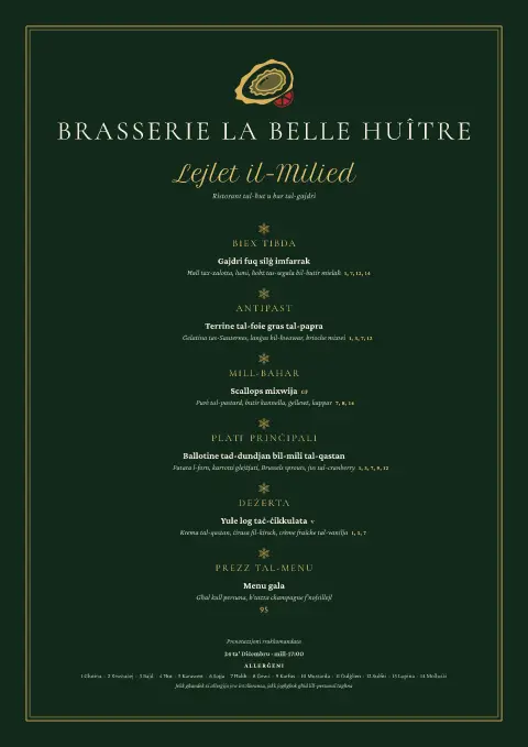 Oyster Réveillon – preview tal-mudell ta' menu