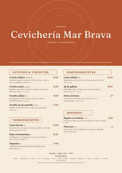 Leche de Tigre – voorbeeld van menukaarttemplate