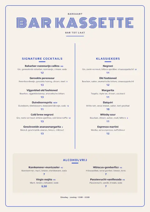 Cobalt Cassette – voorbeeld van menukaarttemplate