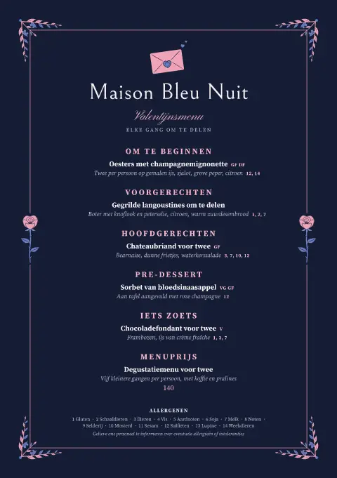 Moonlit Rose – voorbeeld van menukaarttemplate