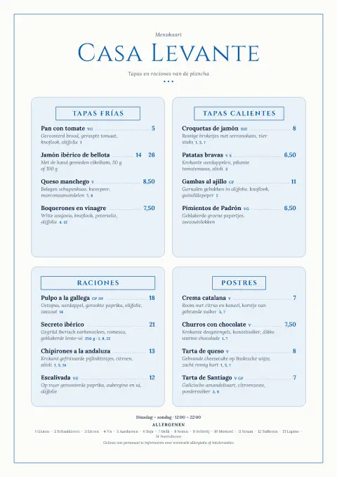 Plancha Blue – voorbeeld van menukaarttemplate