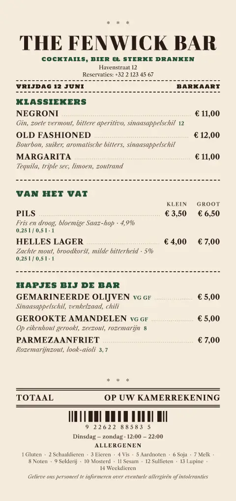 Room Charge – voorbeeld van menukaarttemplate