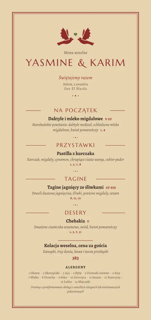 Różane przysięgi – podgląd szablonu menu